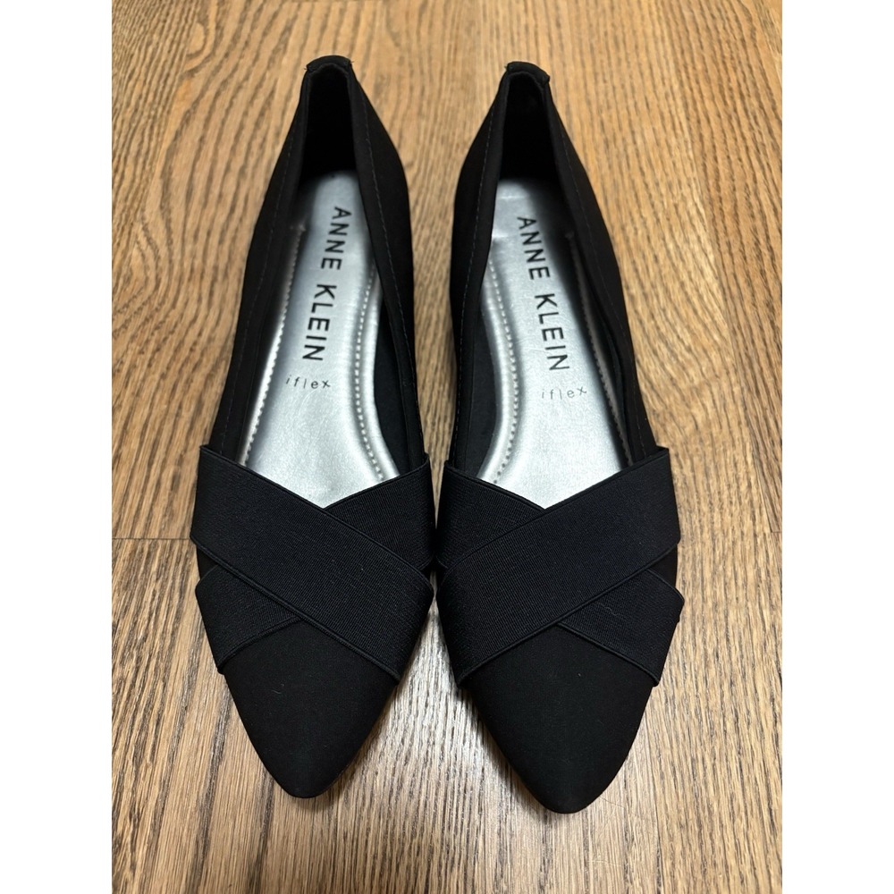 Anne Klein Womens iFlex Black Pointed Toe Crisscross Elastic Strap Flats Size 9